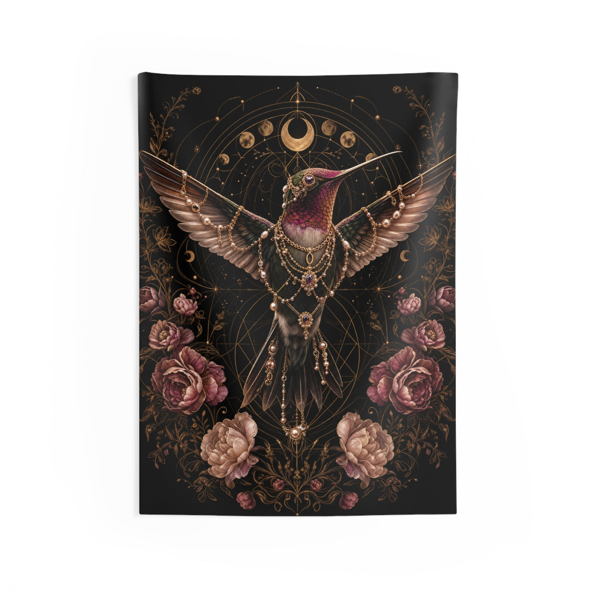 Hummingbird Moon Tapestry - Mystical Floral Wall Hanging for Boho Home Decor