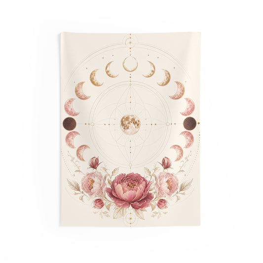 White Floral Moon Tapestry - Mystical Floral Wall Hanging for Boho Home Decor